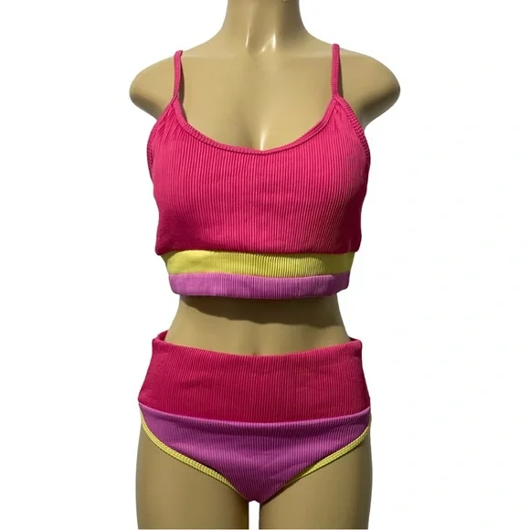 Two Piece Ribbed Adjustable Padded Pink Purple Yellow High-Waist Bikini Set - Picture 2 of 10